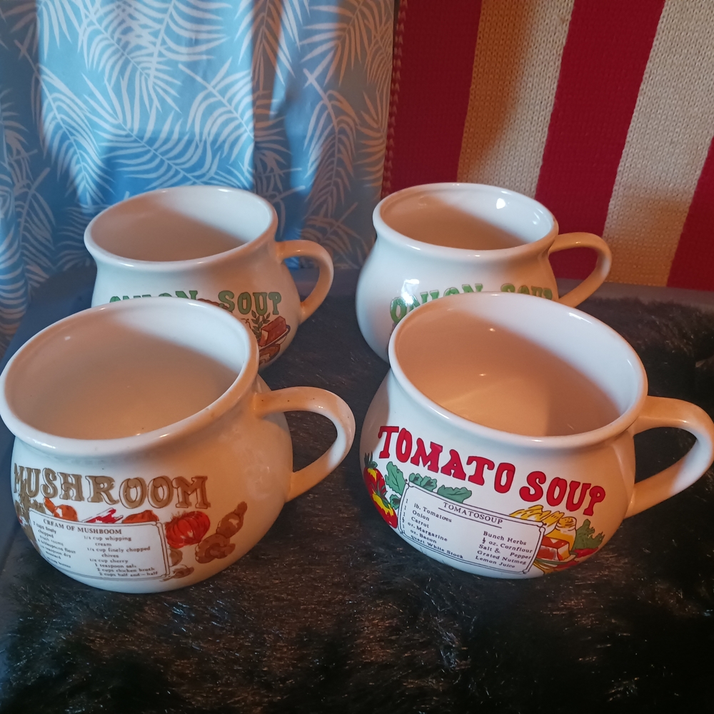Vintage Soup Bowls Set - Cream with Colorful Designs